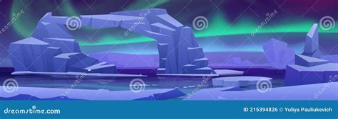 Arctic Aurora Borealis At North Pole Landscape Stock Vector