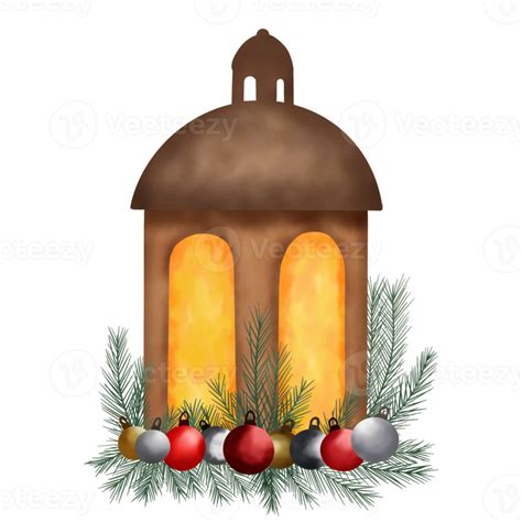 Christmas Lantern With Christmas Balls And Pine Branches 13749458 Png