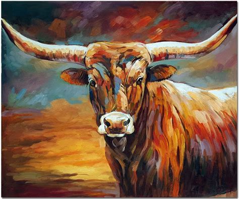 Hand Painted Texas Longhorn Oil Painting Impressionist Cattle Bull