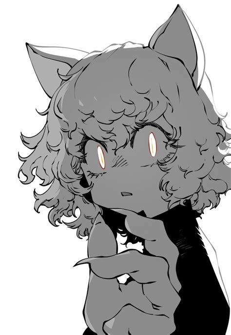 A Drawing Of A Cat With Red Eyes And Long Curly Hair Looking At The Camera