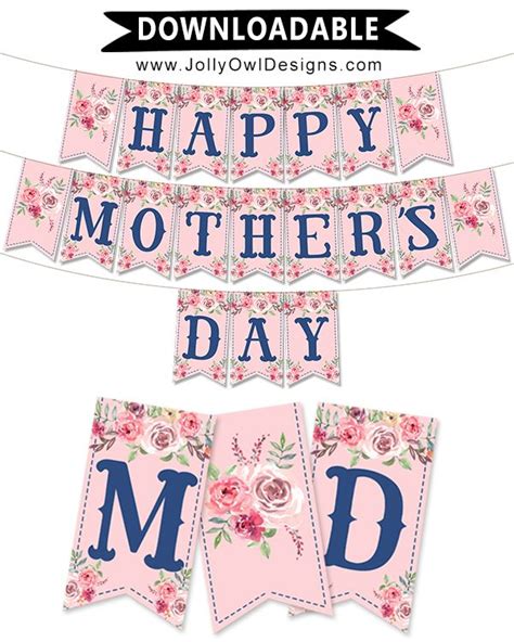 Happy Mothers Day Banner With Pink Flowers And Blue Letters