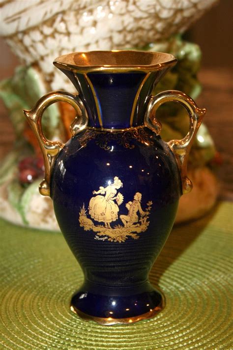 Genuine Limoges Porcelain Vasecobalt Blue With Gilted Goldvintage