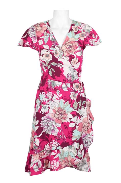Ellen Tracy V Neck Short Sleeve Ruffled Side Floral Print Textured Polyester Dress Wholesale