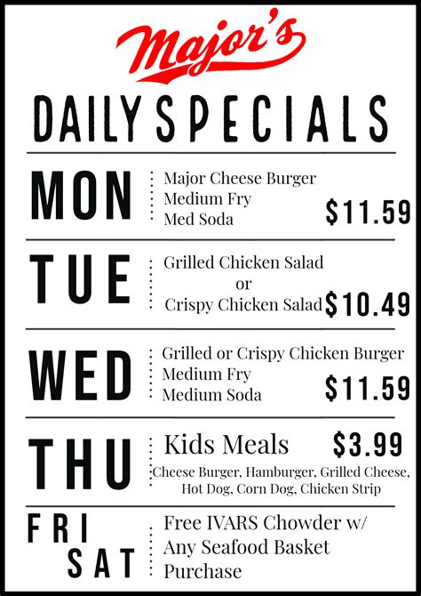 Daily Specials Majors Restaurant