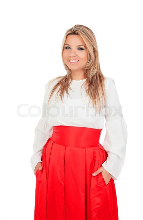 Blonde Girl With A Elegant Red Skirt Stock Image Colourbox