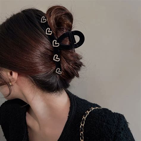 Wlp Black Flocking Rhinestone Heart Hair Clips For Women Elegant Korean Fashion Hairpin Makeup