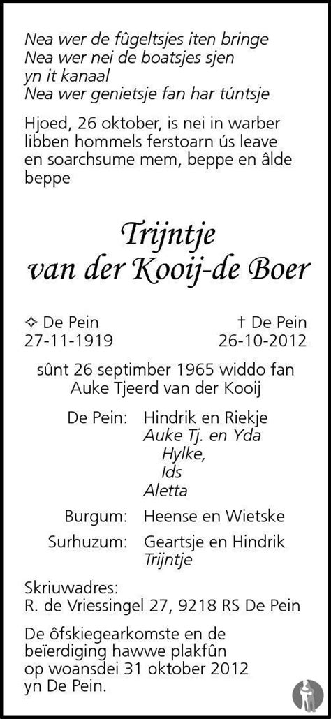 Trijntje Van Der Kooij De Boer 26 10 2012 Overlijdensbericht En