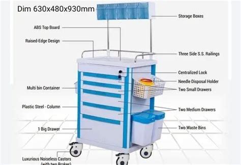 Aecare White And Blue Abs Emergency Crash Cart Trolley Size 625 X 475 X