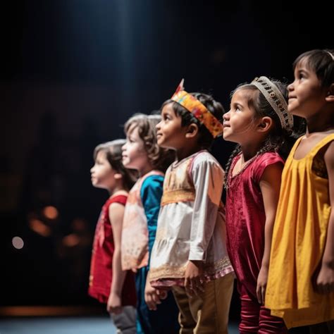 Crianças realizando uma peça no palco do teatro para celebrar o dia