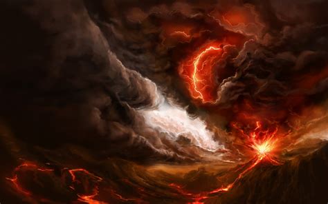 Lightning Fire Eruption Art Smoke Lava Mountain Volcano
