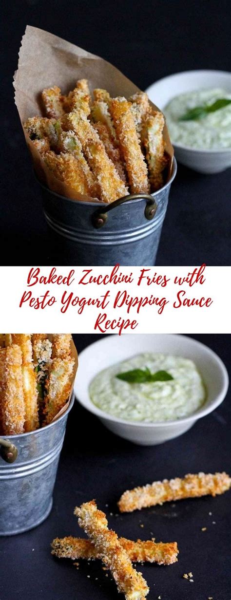 Or make a double batch for your next preheat the oven to 425 degrees f and lightly grease or line a large baking sheet with parchment paper. Baked Zucchini Fries with Pesto Yogurt Dipping Sauce Recipe