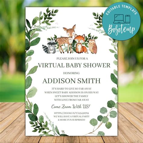 Printable Woodland Virtual Baby Shower Invitation Template Diy