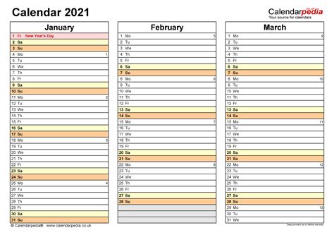 Calendar 2021 (UK) - free printable Microsoft Word templates