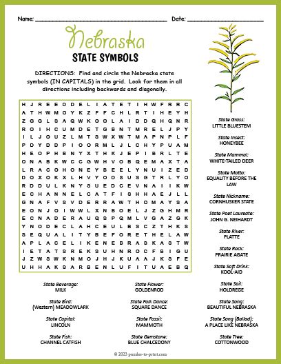 State Symbols Of Nebraska Word Search