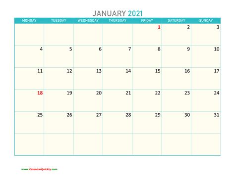 January Monday 2021 Calendar Printable Calendar Quickly