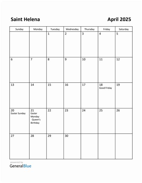 Free Printable April 2025 Calendar For Saint Helena