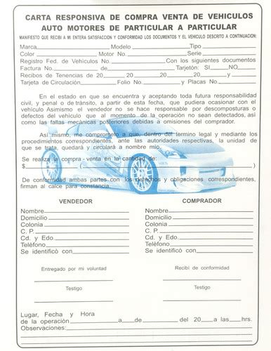 Carta Responsiva Compra Venta Vehiculo Autocopiante 10 Block Envío Gratis