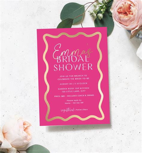 Wave Hot Pink Gold Printable Bridal Shower Invitation Template