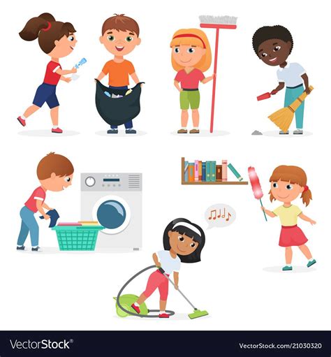 Vector Cartoon Kids Cleaning At Home Set Children In Various Cleaning