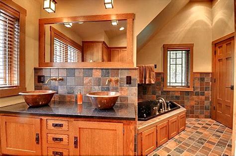 Craftsman style bathroom, antique gold fixtures, white subway tile, black limestone floor, blue glass tile. Trendy And Fabulous Craftsman Bathroom Designs - Interior ...