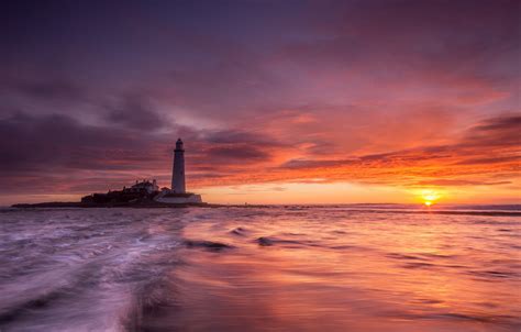 Wallpaper Sea Sunset Lighthouse England United Kingdom Whitley Bay