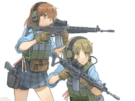 Safebooru 2girls Assault Rifle Bangs Black Skirt Blue Shirt Blush Brown Eyes Brown Gloves