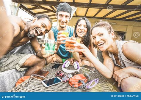 Multiracial Happy Friends Group Taking Summer Selfie And Having Stock