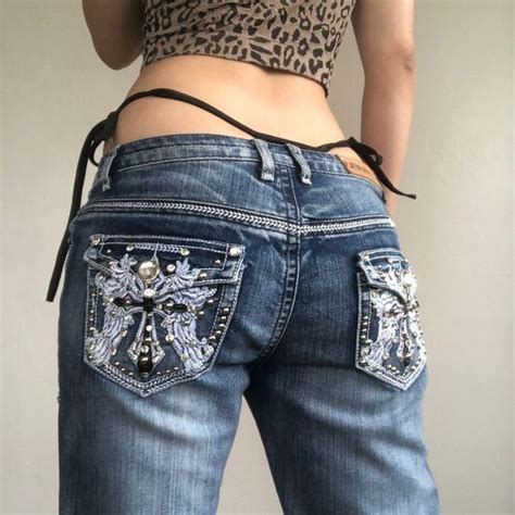 ♱vintage y2k rhinestone cross mid rise bootcut depop bedazzled jeans fashion outfits