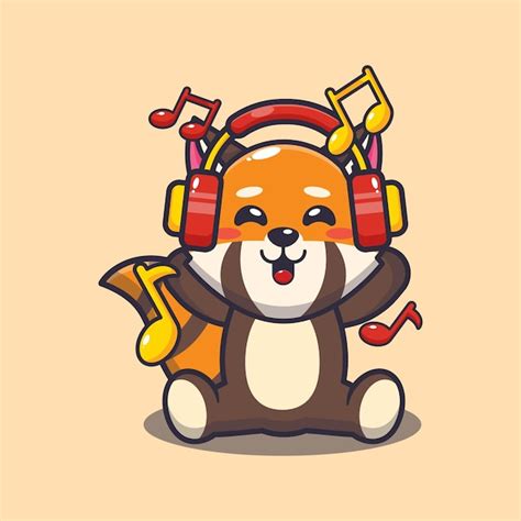 Lindo Panda Rojo Escuchando Música Con Auriculares Vector Premium