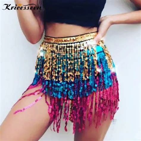 Buy Kricesseen Sexy Sequins Belly Wrap Hip Scarf Dance Dancer Costume Tassel