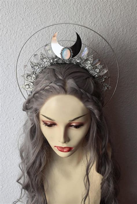 Moon Goddess Witchy Ceremonial Crown Silver Quartz Crystal Headpiece Pagan Wedding Celestial