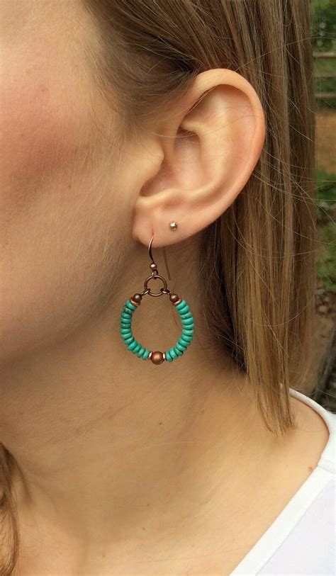 Turquoise Earrings Genuine Turquoise Hoop Earrings Copper Etsy
