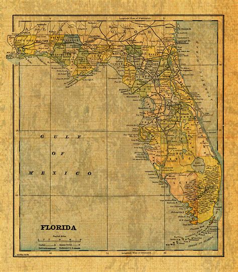 Old Map Of Florida Vintage Circa 1893 On Worn Distressed Parchment