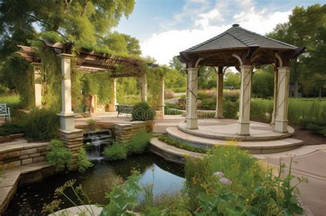 Beautiful Pergola With Vine Covered Gazebo And Water Feature In The