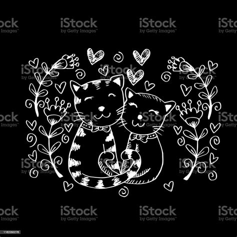 Two Cute Cats In Love Hand Drawing Illustration Stock Illustration