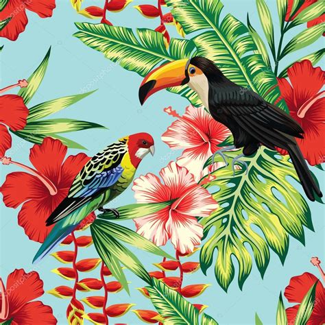Tropical Birds And Flowers Seamless Background Stock Vector Image By