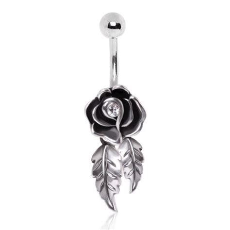 316l Surgical Steel Gemmed Rose With Dangling Leaves Belly Button Piercing Jewelry Bellybutton