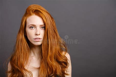 Redhead Woman Eyelashes Perfect Skin Girl Shiny Wavy Hair Stock Image