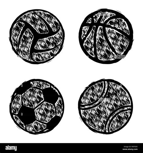 Black Grunge Sport Ball Silhouettes Isolated On White Background Stock