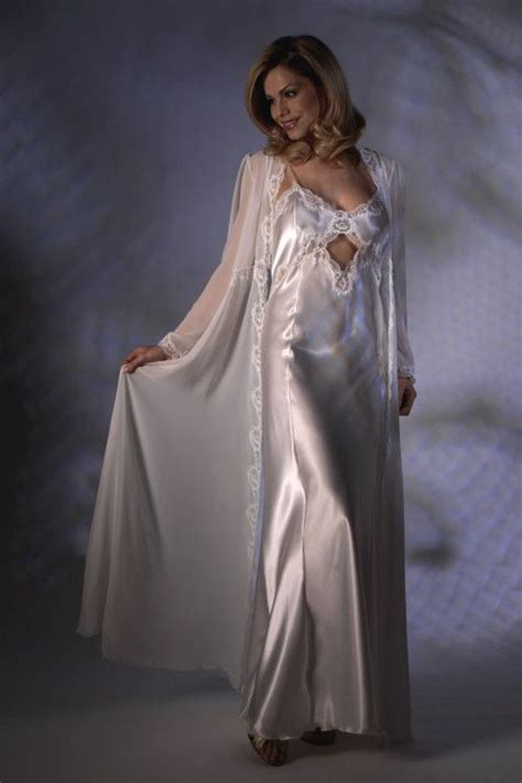white satin nightgown with sheer chiffon robe night dress satin dress long night gown