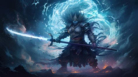 Susanoo The Japanese Storm God Wields His Magical Sword As Lightning Flashes Around Him