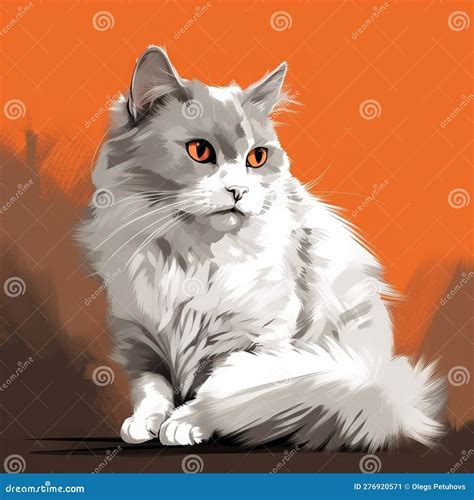 A White Cat With Orange Eyes Sitting On A Floor In Front Of An Orange Background Stock