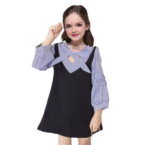Girls Preppy Style Dresses For Children School Uniform Bow Kids Long