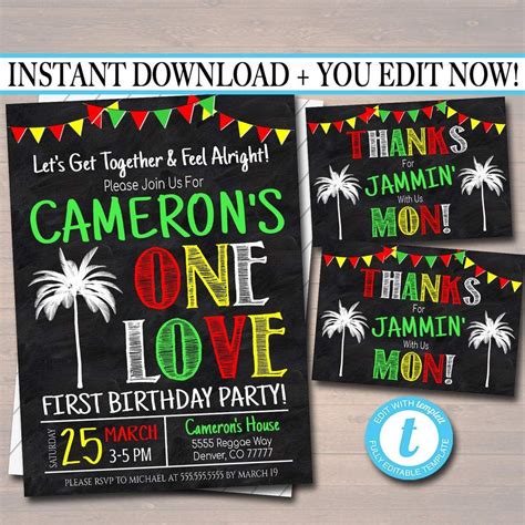 One Love First Birthday Party Invitation Jamaica Reggae Theme Theme Printable Template
