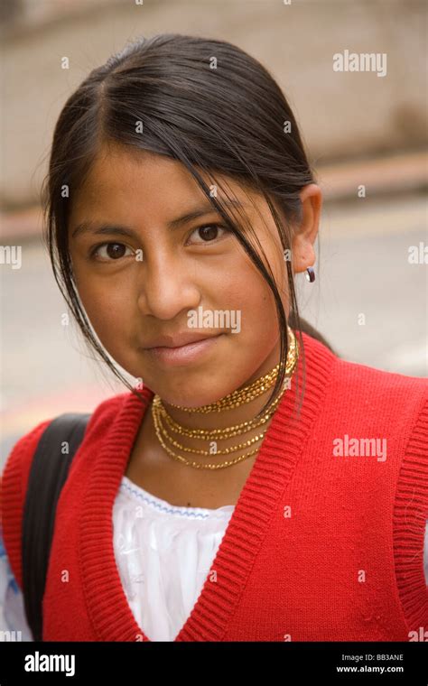 South America Ecuador Otavalo Teenage Girl In School Uniform Walking