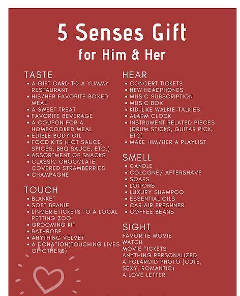 The Senses Gift For Him And Her Is Shown In Red With White Lettering On It