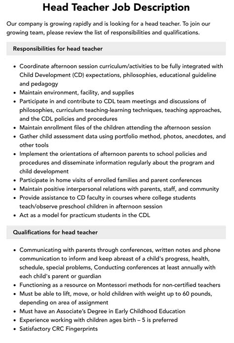 Head Teacher Job Description Velvet Jobs