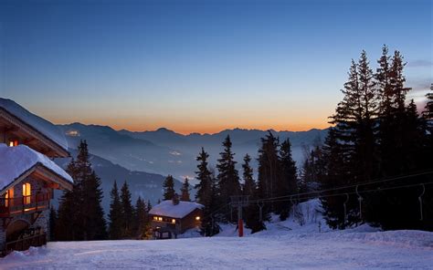 Landscapes Nature Winter Snow Resort Mountains Trees Sunset