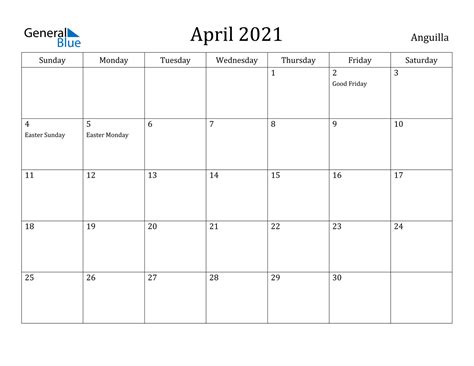 See here the month calendar of calendar april 2021 including week numbers. April 2021 Calendar - Anguilla