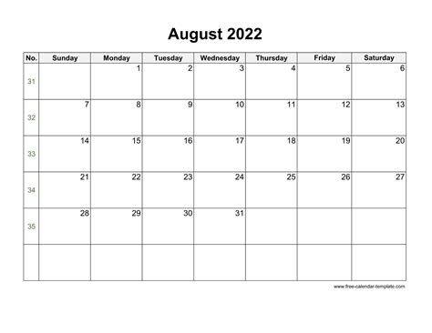 Free 2022 Calendar Blank August Template Horizontal Free Calendar